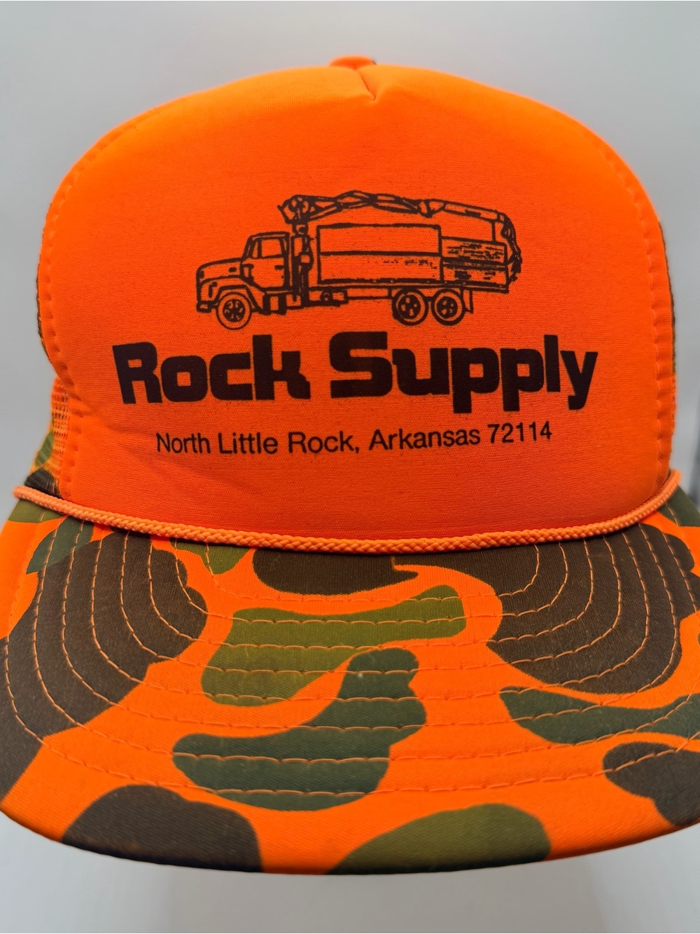 Vintage Rock Supply Trucker Hat North Little Rock Arkansas Orange Camo SnapBack